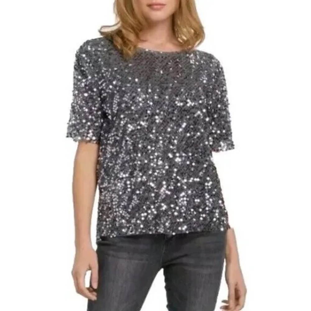 Alex Marie Silver Sequin Short Sleeve Top